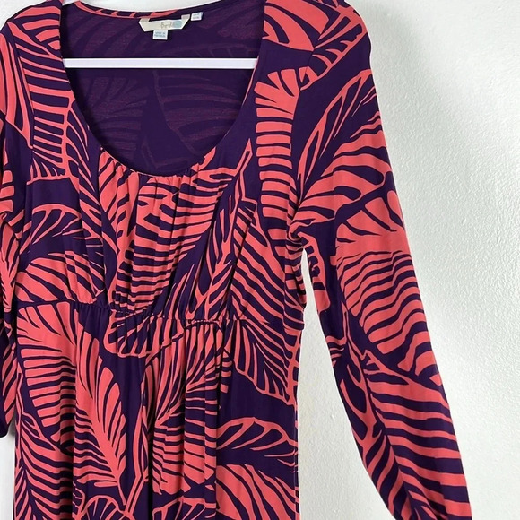 Boden Women's US 10 Purple Orange Leaf Print Quarter Sleeve Elastic Waist Dress - Picture 7 of 10